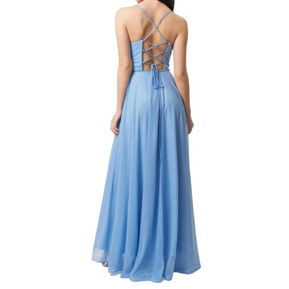 Forever Unique Chiara Shimmer Ruffle Crossover Maxi Gown Pale Blue Size 2 NWT - Picture 5 of 5